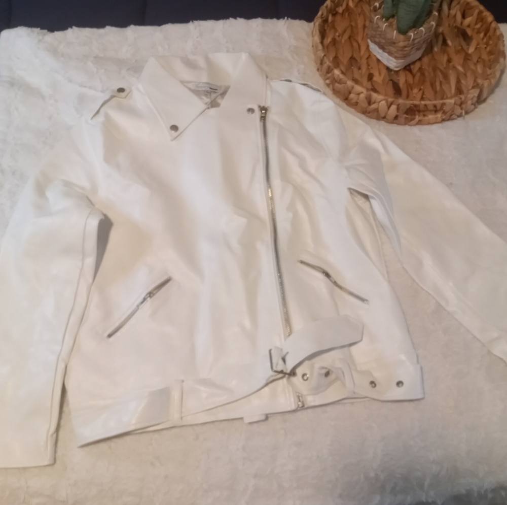 White Faux Leather JacketOversizeWife Rhinestone Embroidery